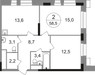 Планировка двухкомнатной(квартира) площадью 58.5 квадратных метров в “ЖК Первый Московский”