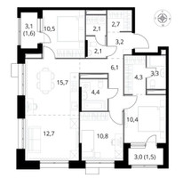 Планировка 4+ комнатной(квартира) площадью 91.4 квадратных метров в “ЖК 1-й Саларьевский (Первый Саларьевский)”