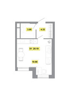 Планировка однокомнатной(квартира) площадью 28.19 квадратных метров в “ЖК Радость (Радумля Парк)”