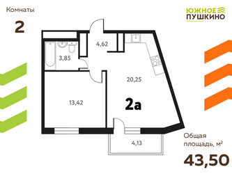 Планировка двухкомнатной(квартира) площадью 43.5 квадратных метров в ЖК “ЖК Южное Пушкино”