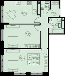 Планировка двухкомнатной(квартира) площадью 67.9 квадратных метров в ЖК “ЖК 7 Небо (Седьмое Небо)”