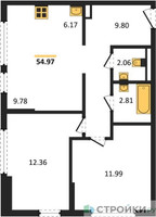 Планировка двухкомнатной(квартира) площадью 54.97 квадратных метров в “ЖК Остафьево”