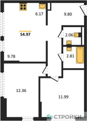 Планировка двухкомнатной(квартира) площадью 54.97 квадратных метров в ЖК “ЖК Остафьево”
