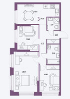 Планировка трехкомнатной(квартира) площадью 74 квадратных метров в “ЖК Страна.Парковая”