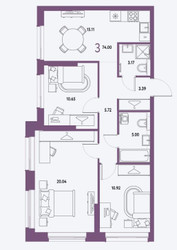 Планировка трехкомнатной(квартира) площадью 74 квадратных метров в ЖК “ЖК Страна.Парковая”