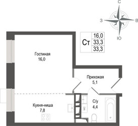 Планировка студии(квартира) площадью 33.3 квадратных метров в ЖК “ЖК КИНОКВАРТАЛ”