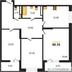 Планировка трехкомнатной(квартира) площадью 90.74 квадратных метров в ЖК “ЖК Riga Hills (Рига Хиллс)”