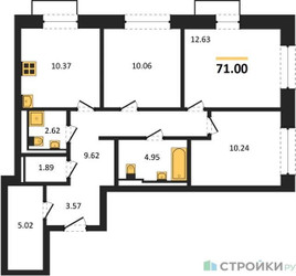 Планировка трехкомнатной(квартира) площадью 71 квадратных метров в ЖК “ЖК Квартал Герцена”