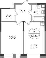 Планировка однокомнатной(квартира) площадью 42.9 квадратных метров в “ЖК Первый Московский”