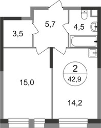 Планировка однокомнатной(квартира) площадью 42.9 квадратных метров в ЖК “ЖК Первый Московский”