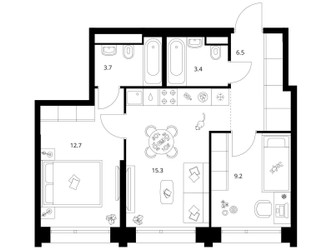 Планировка двухкомнатной(квартира) площадью 50.8 квадратных метров в ЖК “ЖК Строгино 360”