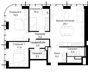 Планировка трехкомнатной(квартира) площадью 85.6 квадратных метров в ЖК “ЖК Сити Бэй”