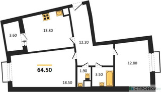 Планировка двухкомнатной(квартира) площадью 64.5 квадратных метров в “ЖК Римский”
