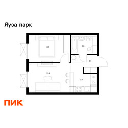 Планировка однокомнатной(квартира) площадью 33.4 квадратных метров в ЖК “ЖК Яуза Парк (Мытищи)”