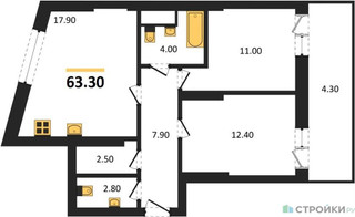 Планировка двухкомнатной(квартира) площадью 63.3 квадратных метров в “ЖК Рассказово”