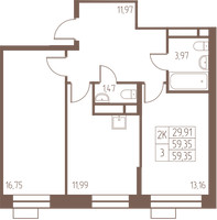 Планировка двухкомнатной(квартира) площадью 59.4 квадратных метров в “ЖК Западная Ивантеевка”