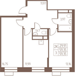 Планировка двухкомнатной(квартира) площадью 59.4 квадратных метров в ЖК “ЖК Западная Ивантеевка”