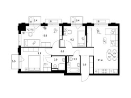Планировка трехкомнатной(квартира) площадью 72.1 квадратных метров в “ЖК Лосиноостровский парк”