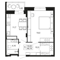 Планировка однокомнатной(квартира) площадью 46.8 квадратных метров в “ЖК Времена года”