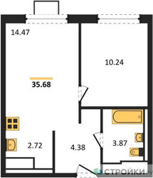 Планировка однокомнатной(квартира) площадью 35.68 квадратных метров в ЖК “ЖК Прибрежный Парк”