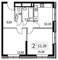 Планировка двухкомнатной(квартира) площадью 53.38 квадратных метров в “ЖК Городские Истории”