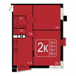 Планировка трехкомнатной(квартира) площадью 58.3 квадратных метров в ЖК “ЖК Фрунзенский”