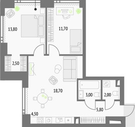 Планировка двухкомнатной(квартира) площадью 62 квадратных метров в ЖК “Upside Towers (Апсайд Тауэрс)”