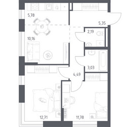 Планировка двухкомнатной(квартира) площадью 55.49 квадратных метров в ЖК “ЖК Квартал Авиаторов”