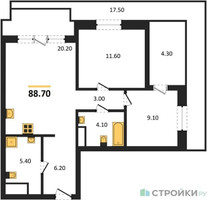 Планировка двухкомнатной(квартира) площадью 88.7 квадратных метров в “ЖК МОНС”