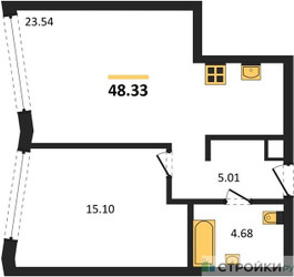 Планировка однокомнатной(квартира) площадью 48.33 квадратных метров в ЖК “UNO Горбунова”