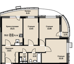 Планировка трехкомнатной(квартира) площадью 74.3 квадратных метров в ЖК “ЖК Соболевка”