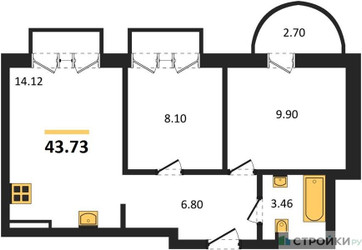 Планировка двухкомнатной(квартира) площадью 43.73 квадратных метров в ЖК “ЖК ВОСТОК II”