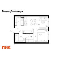 Планировка однокомнатной(квартира) площадью 34.5 квадратных метров в ЖК “ЖК Белая Дача парк”