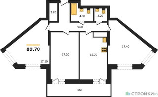 Планировка трехкомнатной(квартира) площадью 89.7 квадратных метров в “ЖК Рассказово”
