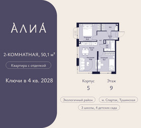 Планировка двухкомнатной(квартира) площадью 50.1 квадратных метров в ЖК “ЖК АЛИА”
