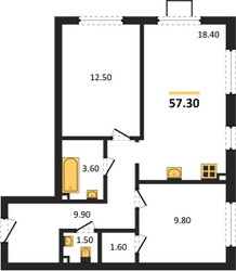 Планировка двухкомнатной(квартира) площадью 57.3 квадратных метров в ЖК “ЖК Лучи-2”