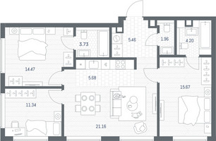 Планировка трехкомнатной(квартира) площадью 83.67 квадратных метров в “ЖК TATE (Тэйт)”