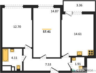 Планировка двухкомнатной(квартира) площадью 57.41 квадратных метров в ЖК “ЖК Светлый мир БиоПолис”