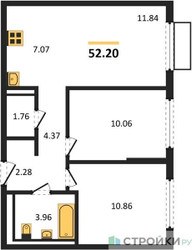 Планировка двухкомнатной(квартира) площадью 52.2 квадратных метров в ЖК “ЖК Пригород Лесное”