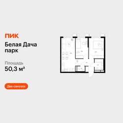 Планировка двухкомнатной(квартира) площадью 50.3 квадратных метров в ЖК “ЖК Белая Дача парк”