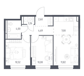 Планировка двухкомнатной(квартира) площадью 51.97 квадратных метров в ЖК “ЖК Богдановский Лес”