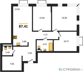 Планировка трехкомнатной(квартира) площадью 87.41 квадратных метров в ЖК “ЖК Новое Видное”