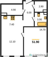Планировка однокомнатной(квартира) площадью 51.9 квадратных метров в “ЖК Sydney City (Сидней Сити)”