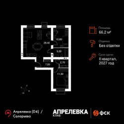 Планировка трехкомнатной(квартира) площадью 66.2 квадратных метров в ЖК “Апрелевка Клаб”