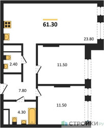 Планировка двухкомнатной(квартира) площадью 61.3 квадратных метров в ЖК “ЖК Первый Московский”