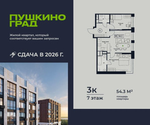 Планировка трехкомнатной(квартира) площадью 54.3 квадратных метров в ЖК “ЖК Пушкино Град”