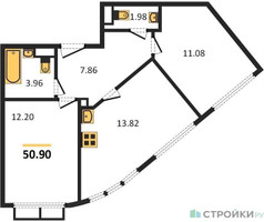 Планировка двухкомнатной(квартира) площадью 50.9 квадратных метров в “ЖК Движение. Говорово”