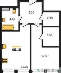 Планировка однокомнатной(квартира) площадью 46.1 квадратных метров в ЖК “ЖК STONE Sokolniki (Сокольники)”