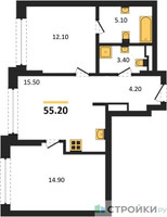 Планировка двухкомнатной(квартира) площадью 55.2 квадратных метров в “ЖК Символ”