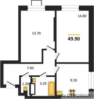 Планировка двухкомнатной(квартира) площадью 49.9 квадратных метров в “ЖК Видный берег 2”